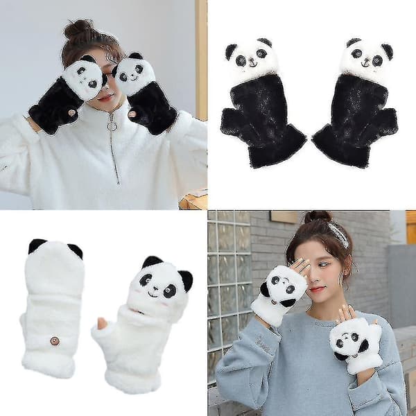 Plush Panda Vantar med Vändbar Halvfinger Djurvantar Elastiska Vantar