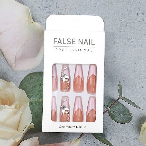 24 st Press-on Naglar Långa Falska Naglar Akryl Ballet Fransk Vit Upplyst Fjäril Limtejp På Naglar Design Naglar För Kvinnor Och Flickor Rhinest