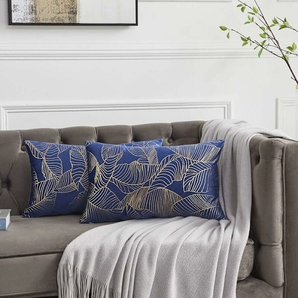 Kuddfodral 30 x 50 cm Sammet Guld Blad Kuddfodral Blå Dekorativ Kuddfodral Överkast Kudde för Soffa Sovrum Vardagsrum Set om 2