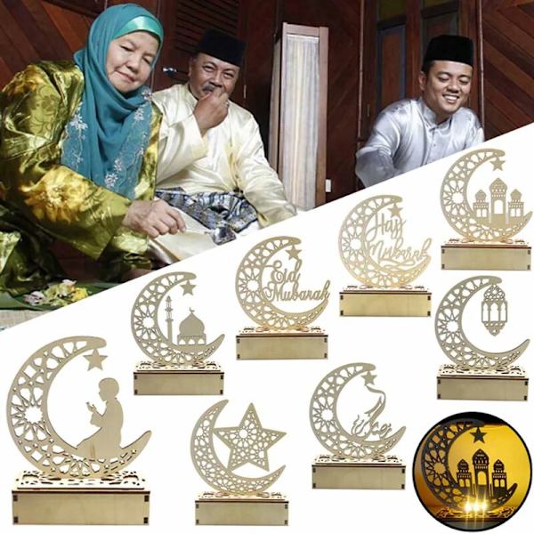Eid Mubarak Natlampe LED Ramadan Dekorativ Lampe Træ Kunsthåndværk Lys Muslim Islam Træ LED Lampe