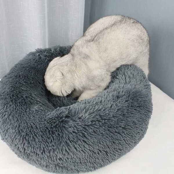 Husdjurssäng för katter och hundar, rund plysch donuthundsäng, färg och storlek valfri (ljusgrå, 50 cm)