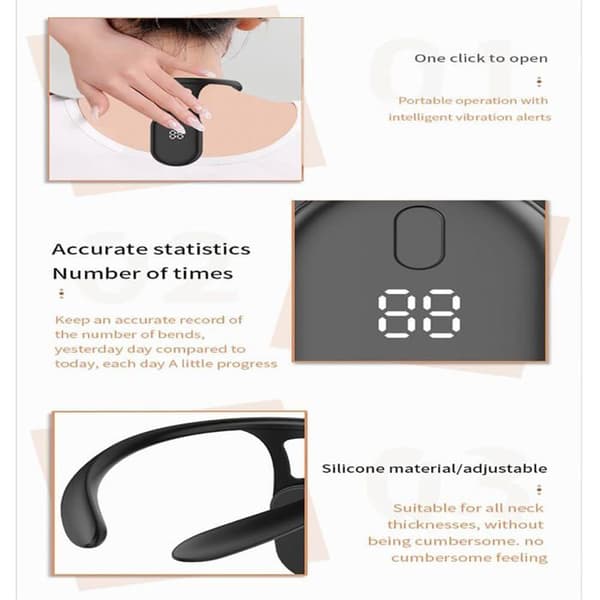 1 Holdningskorrigerende støtte, 25° vibrationssensor, ABS-silikone, USB-genopladelig, unisex til voksne og børn.