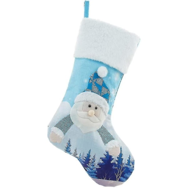 Hängande julstrumpor, blå broderade julstrumpor Belysning,presentpåsar till juldekoration Braskamin Träd Godispåsar