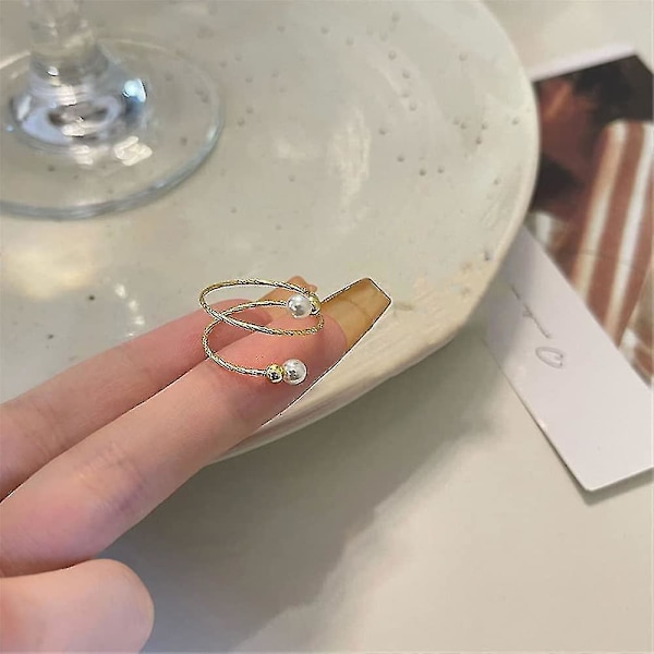 Justerbar öppen ring i 925 sterling silver med skalpärla, 14k guldpläterad, staplingsring, statement-ring, bröllopsring för kvinnor och flickor, trendig, skiktad, bekväm