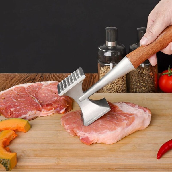 Köttklubba, kraftig köttmörningshammare, biffhammare med trähandtag och livsmedelsgodkänd zinklegering, 26 cm kökshammare 2 i 1