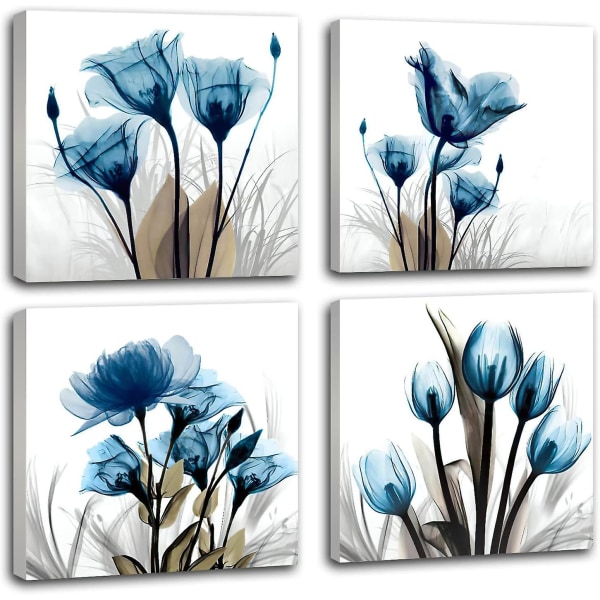 Blå canvas väggkonst för vardagsrum, modern blomram, badrumsvägg, 4-delad uppsättning