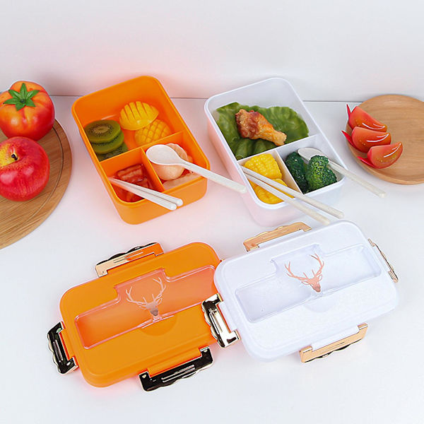 1 set lunchlåda med sked ätpinnar fack design plast skola kontor matförvaring behållare bento låda daglig användningiang（vit）