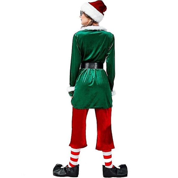 Deluxe 6pcs Damjulskostym Cosplay Jultomte Uniform Kostym för Vuxna Grön Tomtenisse Julhelg Fest Fancy DressM