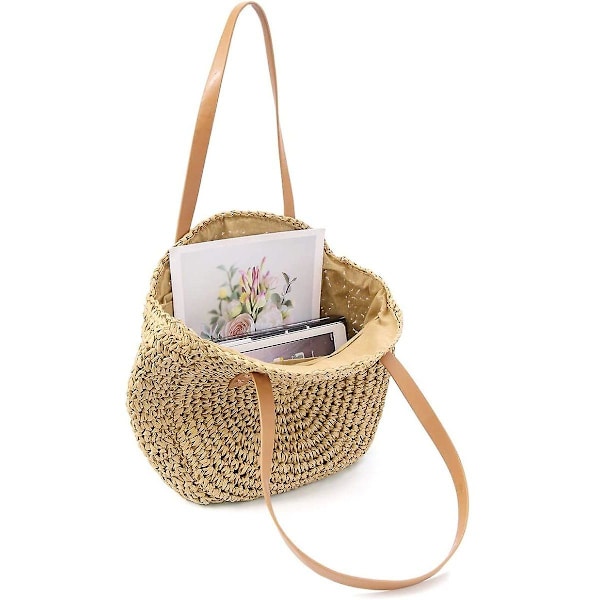 Halm Väska Kvinnor Crossbody Väska Retro Rund Strandväska Shopper Korg Kamel