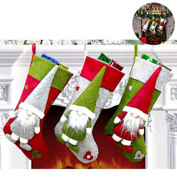 Julstrumpa, 3st Stor julstrumpa Hängande jultomte presentpåse, tecknad juldekoration