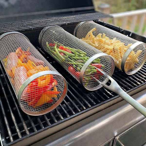 Rostfritt stål grillkorg, 20 cm ugnsgrillkorg, rotisserietrumma, grillnätcylinder