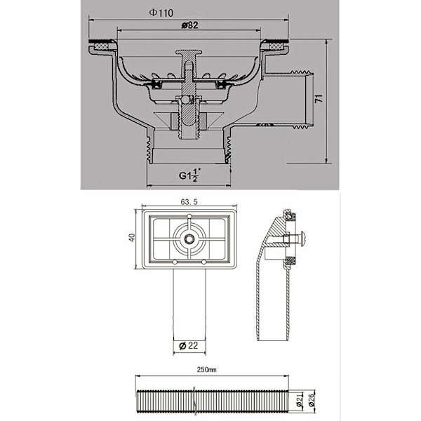 Afløbssæt med overløbskurv i rustfrit stål kvadratisk 110 mm 1??&34, rustfrit stål + ABS, afløb + kurv