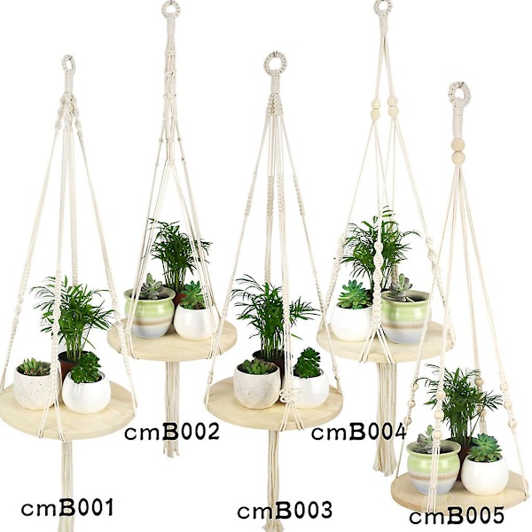 Nordisk Macrame-växtupphängning med rund träbricka, vävda tofsar, inomhusupphängd planteringshylla, blomkrukahållare
