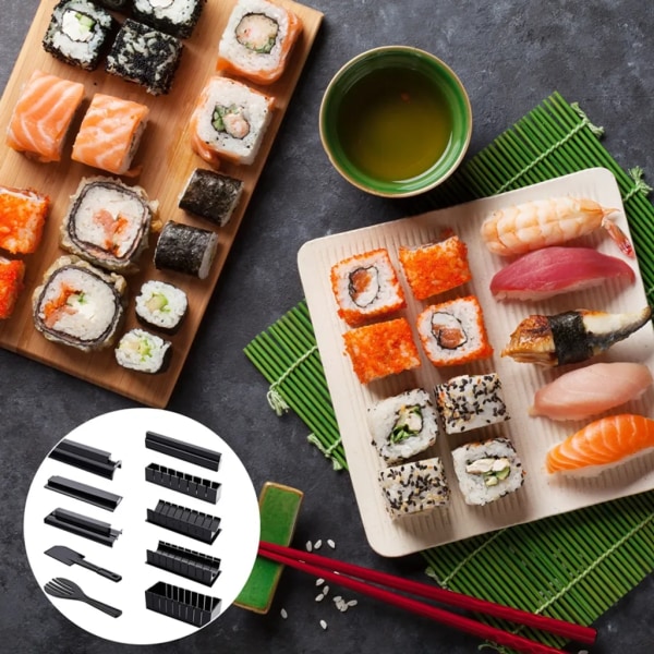 10X Sushi Molds Set, flera former Sushi Making Kit, Sushi Maker för nybörjare, DIY Sushi Rolling Tool Set