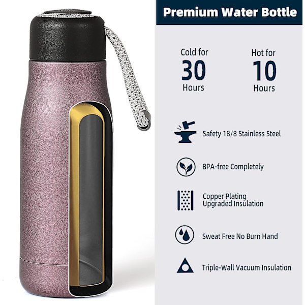 Pink Vandflaske 12 Oz, Nicemer Isoleret Vandflaske Med Remlåg, Tredobbelt Vakuum, Genanvendelig Rustfrit Stål