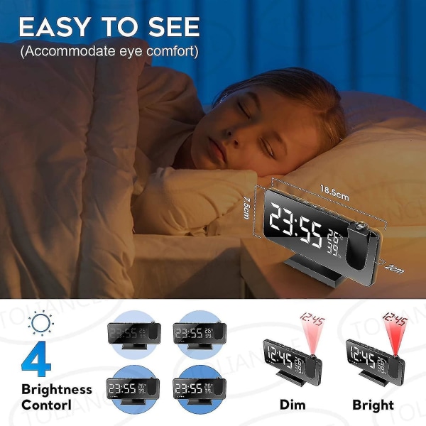 180 rotationsprojektionsväckarklocka 4 projektionsljusstyrkor med automatisk dimmer Snooze Dubbla larm Yo
