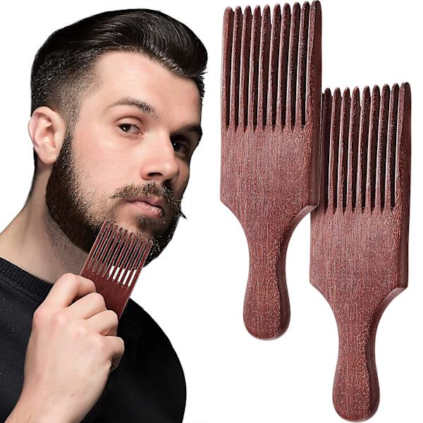 2-pack träskäggkam Trähårplock långtandskam för kvinnor män (rödbrun)