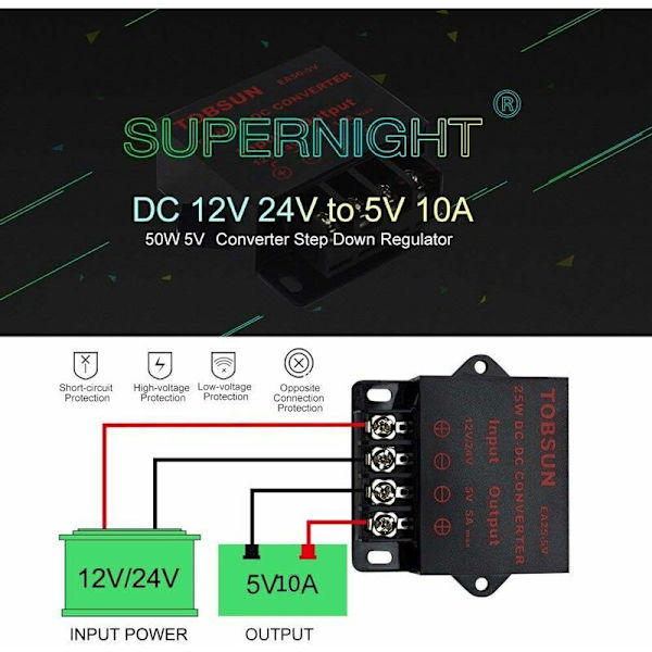 Konverterare Strömtransformator DC DC Spänningssteg-Ner 12V24V till 5V 10A 50W DC Buck-omvandlare Justerbar för LED-skärmar, Bil, El etc.