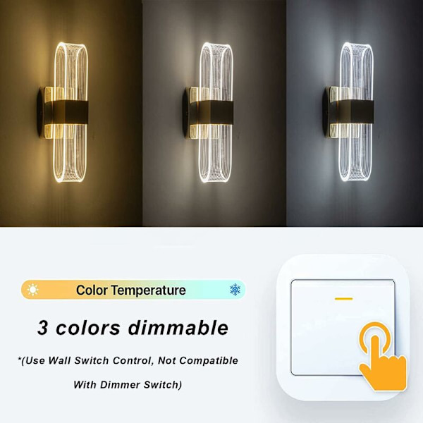 LED væglampe 12W Moderne indendørs væglampe Dæmpbar senglampe Oval akryl væglampe Dekorative lys til stue soveværelse Gang (Guld)