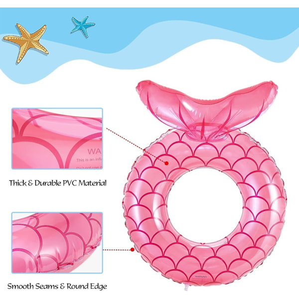 Uppblåsbar badring, sjöjungfru badring, vattenleksring, stor luftkudde, poolleksak rosa 110 cm