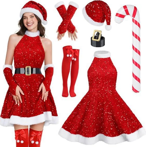 Julekostume til voksne kvinder, julekostumer, kostumer til julefrokost, julekostumer, julemandskostumer red sequins L