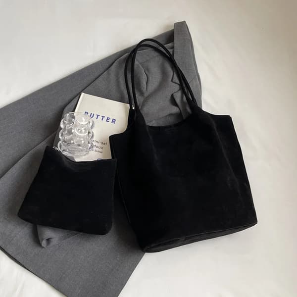 Retro Mocka Tote Väska för Kvinnor Texturerad Enfärgad Casual Pendlings Axelväskor Höst Vinter Stor Kapacitet Shopping Handväskor black