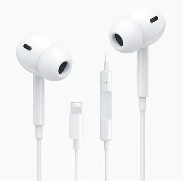 Trådbundna iPhone-hörlurar, Lightning-kontakt, in-ear-design, med mikrofon, Bluetooth-kompatibla, vita.