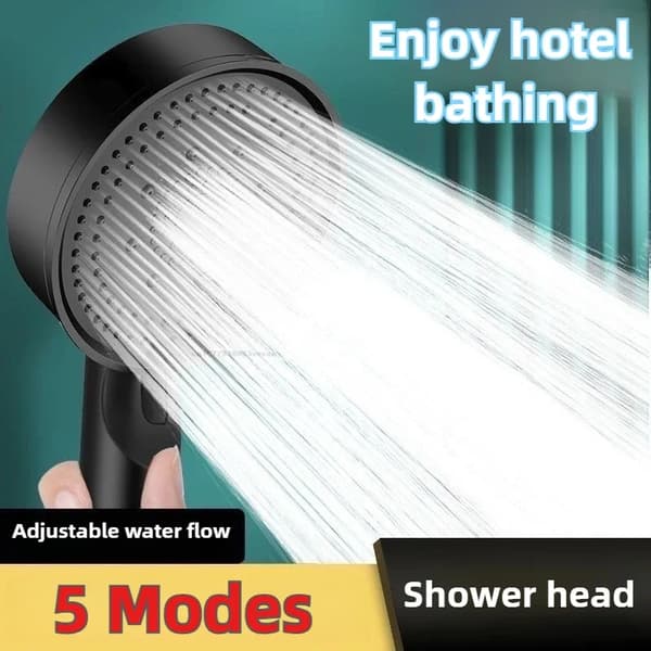 5 lägen tryckförstärkande duschhuvud multifunktion justerbart stort vattenduschmunstycke massage badrumstillbehör regndusch silver hook