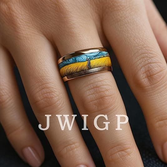 Herre-ring i rustfrit stål med Van Gogh Stjernenat & Hvedemarker kunstdesign, guldfarvet moderigtig statement-ring, holdbart smykke til mænd