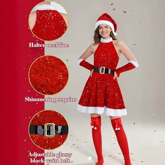 Julekostume til voksne kvinder, julekostumer, kostumer til julefrokost, julekostumer, julemandskostumer red sequins L