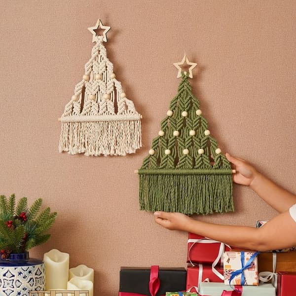 2-pack Makramé Julgran DIY Pysselkit, Grön och Beige Polyester, Festlig Väggdekoration, Perfekt Present till Familj och Vänner, Vinter 2 st