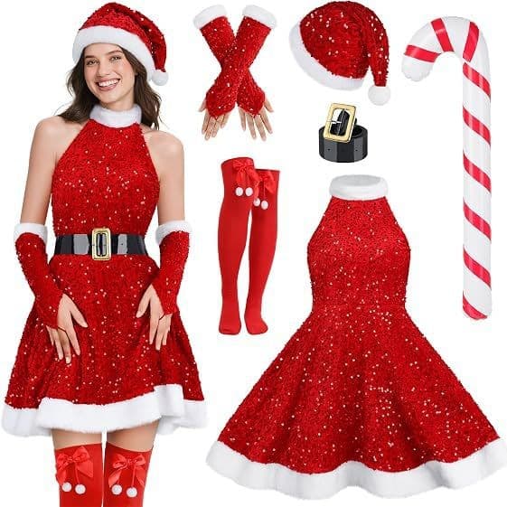 Julekostume til voksne kvinder, julekostumer, kostumer til julefrokost, julekostumer, julemandskostumer red sequins XL