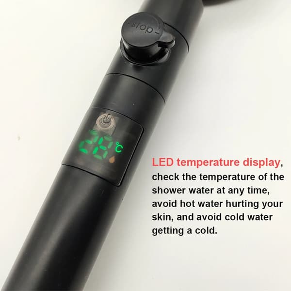 Högtrycks LED-duschhuvud med enknappsstopp, digital display, svart handhållet duschhuvud med temperatursensor Temperature silver
