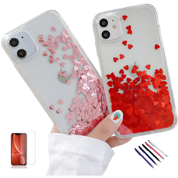 iPhone 12 - Flytande Glitter 3D Bling Skal Case Röd