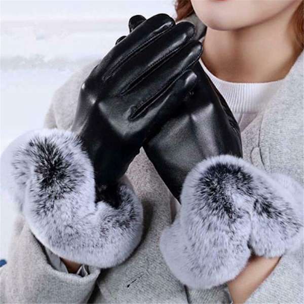 Winter PU Leather Full Finger Touch Screen Warm Gloves Svart