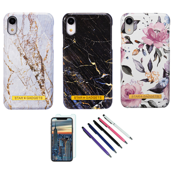 iPhone XR - Cover Protection Flowers / Marmor Vit