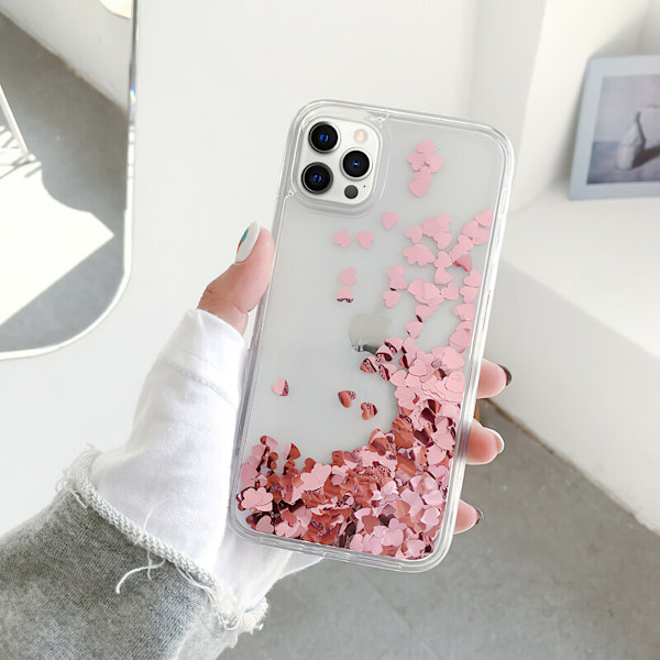 iPhone 12 Pro - Flytande Glitter 3D Bling Skal Case Rosa