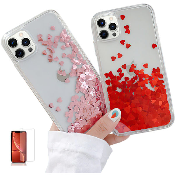 iPhone 12 Pro - Flytande Glitter 3D Bling Skal Case Röd