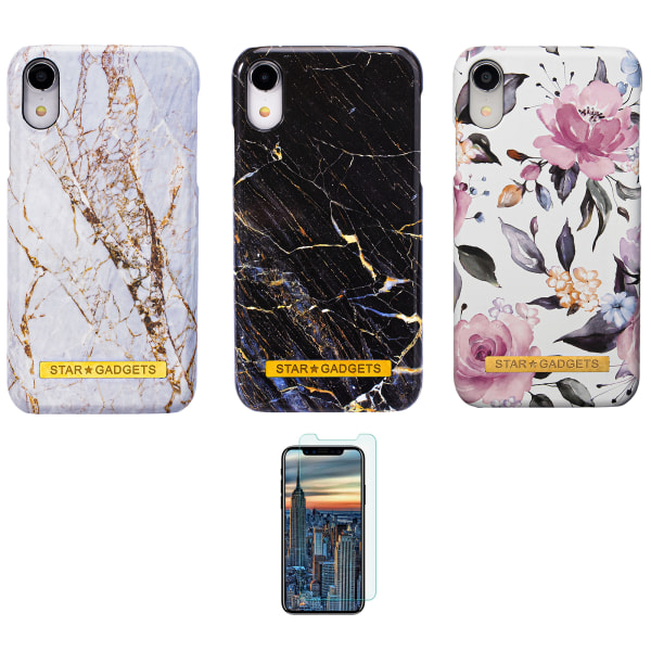 iPhone XR - Etui Beskyttelse Blomster / Marmor Svart