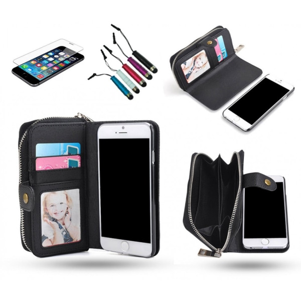 3-in-1-paketti iPhone 6/6S:lle - Wallet Case & Magnetic Case Svart