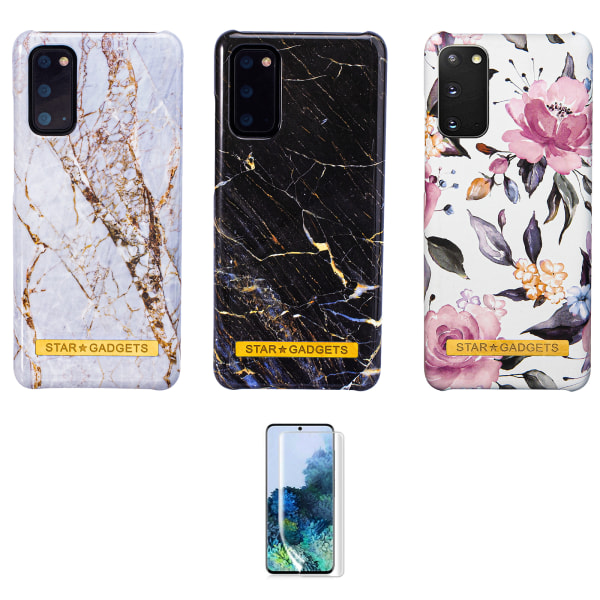 Samsung Galaxy S20 - Cover Protection Flowers / Marmor Svart