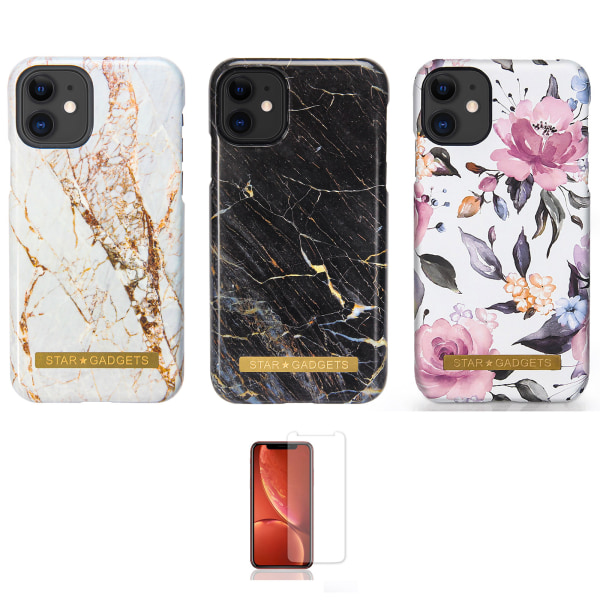 iPhone 11 - Skal / Skydd / Blommor / Marmor Svart