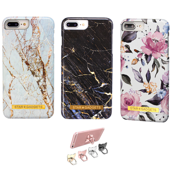 iPhone 7 Plus / 8 Plus - Cover Protection Blomster / Marmor Svart