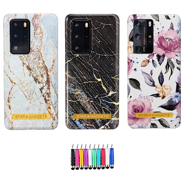 Huawei P40 Pro - Skal / Skydd / Blommor / Marmor Svart