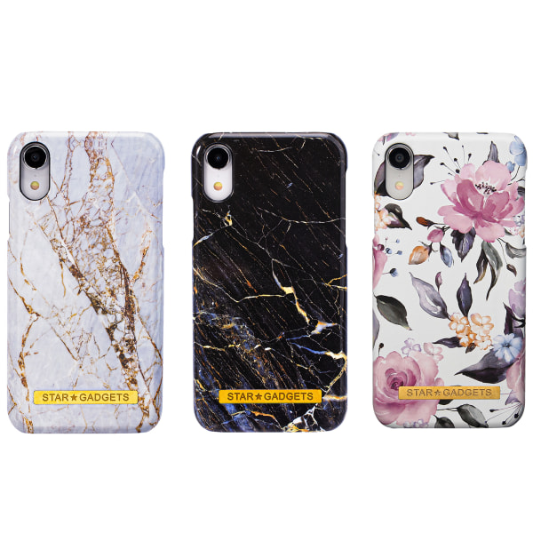 iPhone XR - Cover Protection Flowers / Marmor Svart