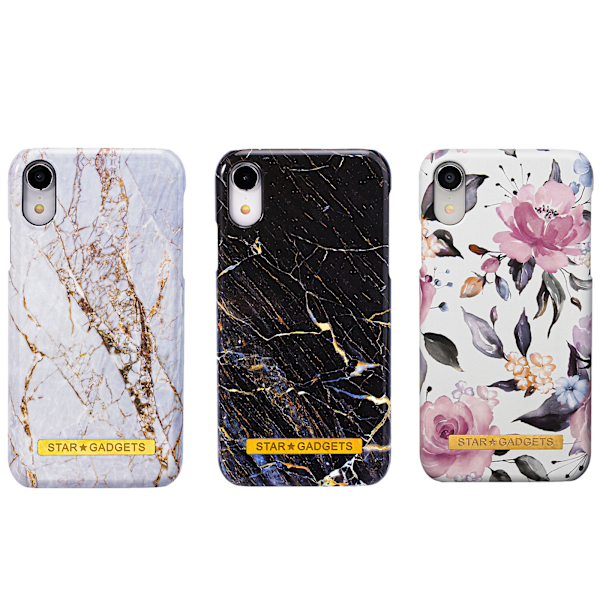 iPhone XR - Etui Beskyttelse Blomster / Marmor Svart