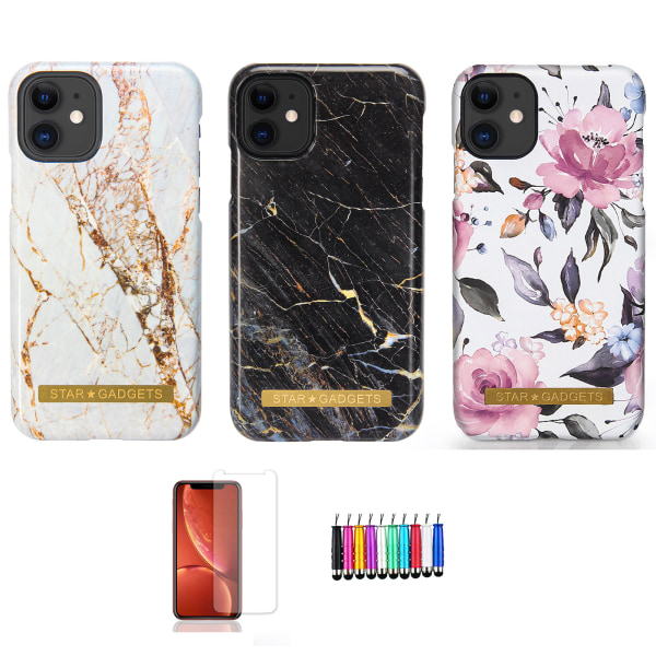 iPhone 11 - Beskyttelse af blomster / marmor Svart