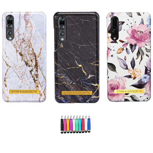 Huawei P20 Pro - Cover Protection Flowers / Marmor Svart