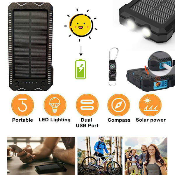 Solcelledrevet Powerbank - Bærbar Ekstern Batterioplader 10000mAh