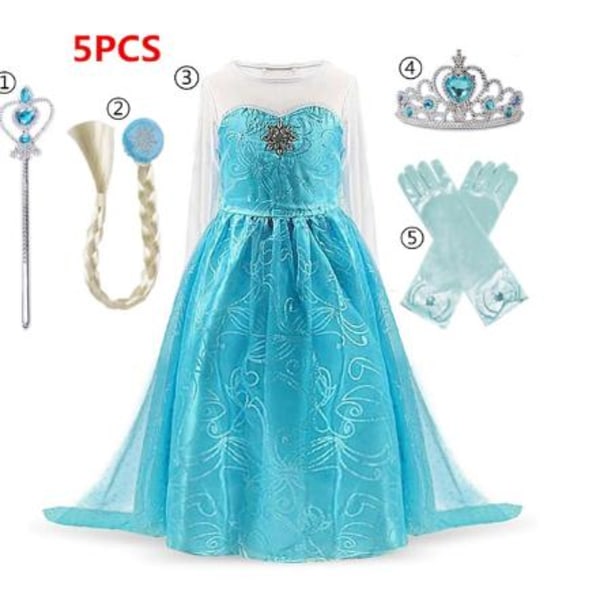 Elsa Princess kjole +4 ekstra tilbehør Blue 140 cm